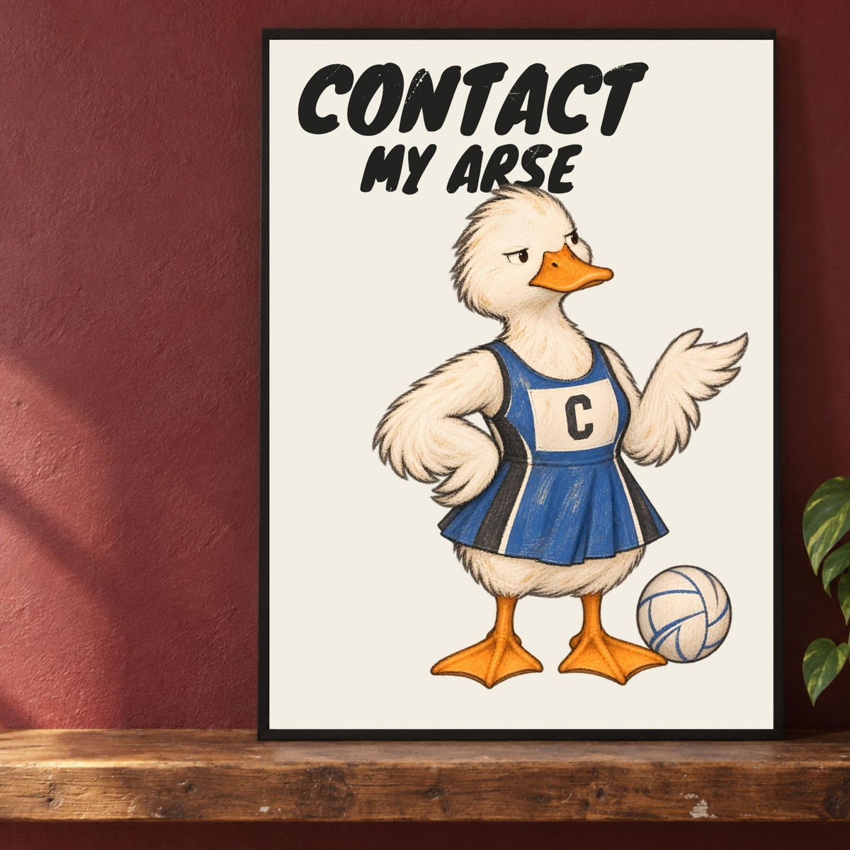 Close-up framed netball wall art with CONTACT MY ARSE duck artwork