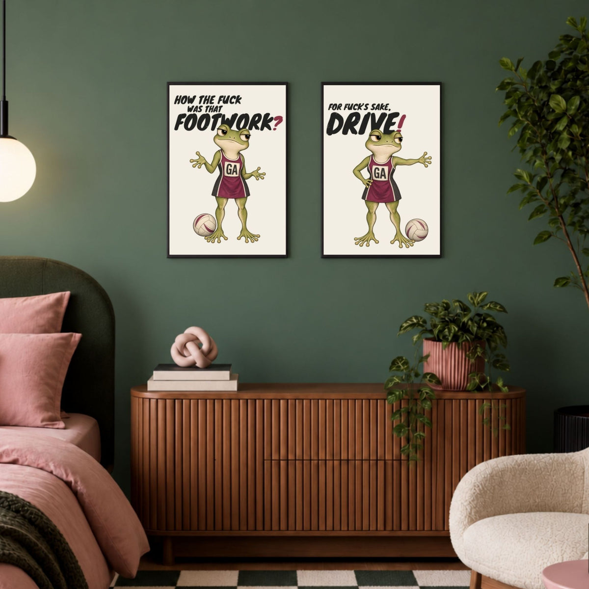 Funny frog netball print with FOR FUCK'S SAKE, DRIVE in a room setting