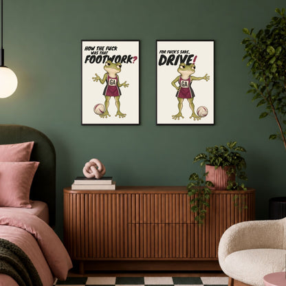 Funny frog netball print with FOR FUCK'S SAKE, DRIVE in a room setting