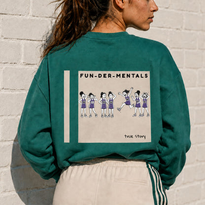 Women's Funny Netball Sweatshirt with Fun-Der-Mentals Netball Player Cartoon Print