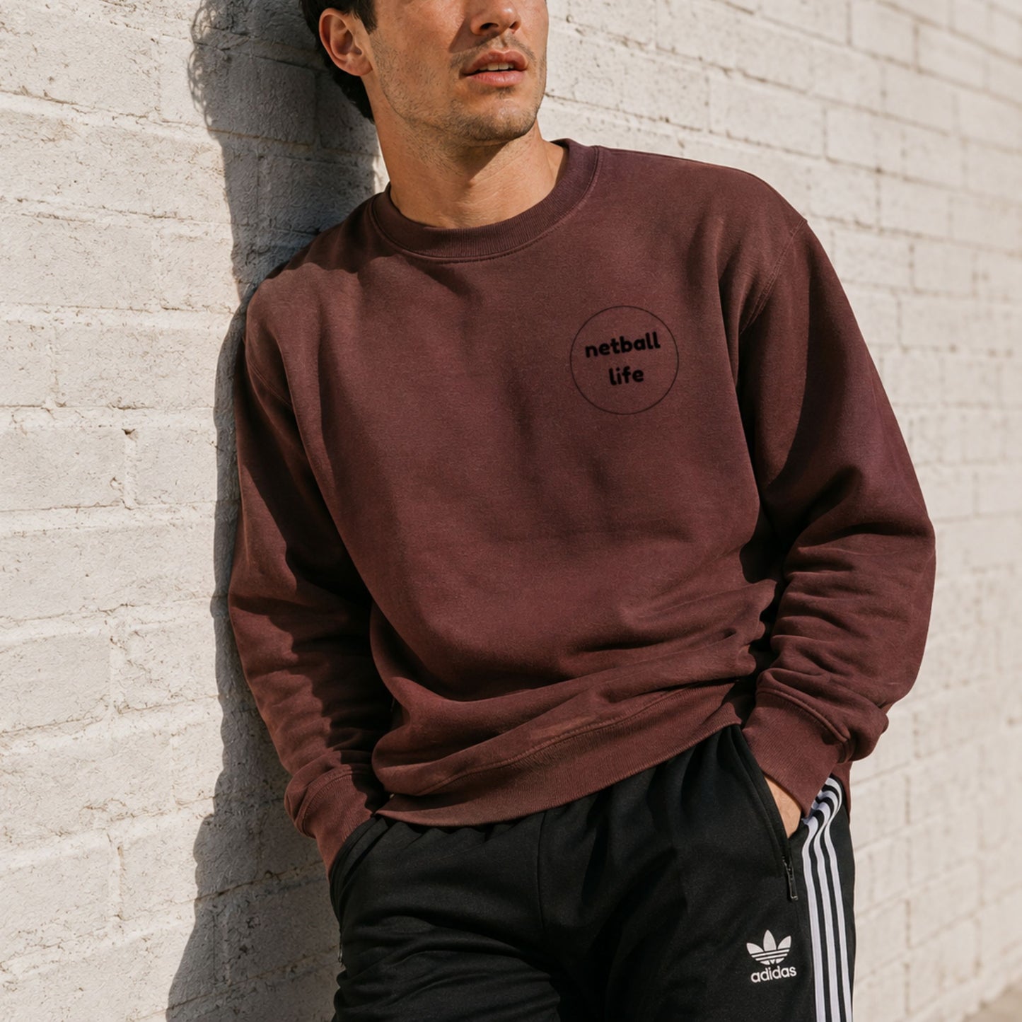 Men's Netball Sweatshirt with Netball Life Slogan and Funny Goal Shooter Comic Strip Back Design
