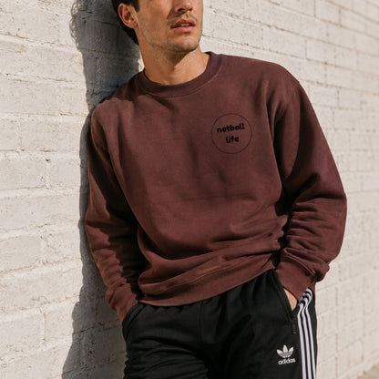 Men's Netball Sweatshirt with Netball Life Slogan and Funny Goal Shooter Comic Strip Back Design