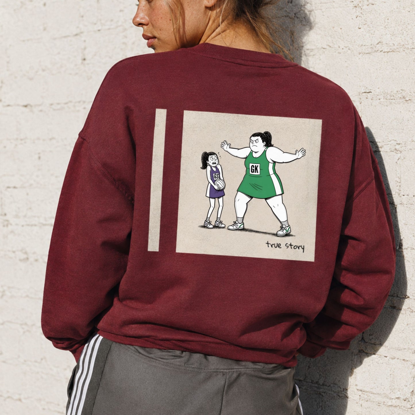 Women's Funny Netball Jumper with Goal Keeper Cartoon back Print