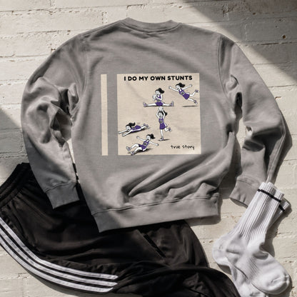 Women's Netball Sweatshirt with I Do My Own Stunts Funny Netball Player Cartoon Print