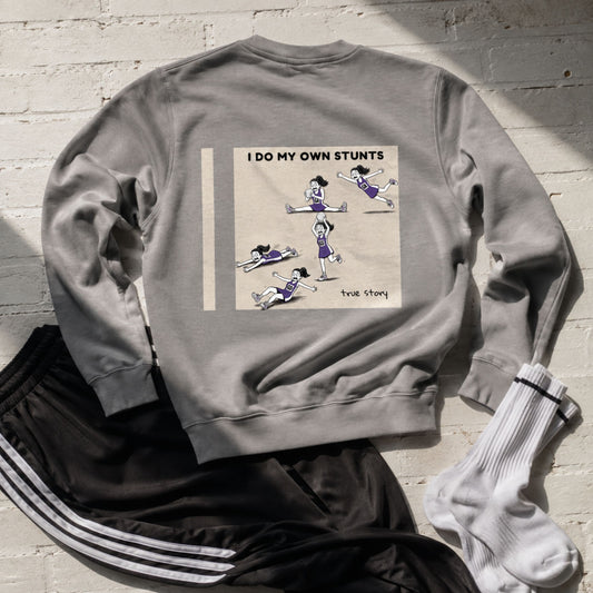 Women's Netball Sweatshirt with I Do My Own Stunts Funny Netball Player Cartoon Print
