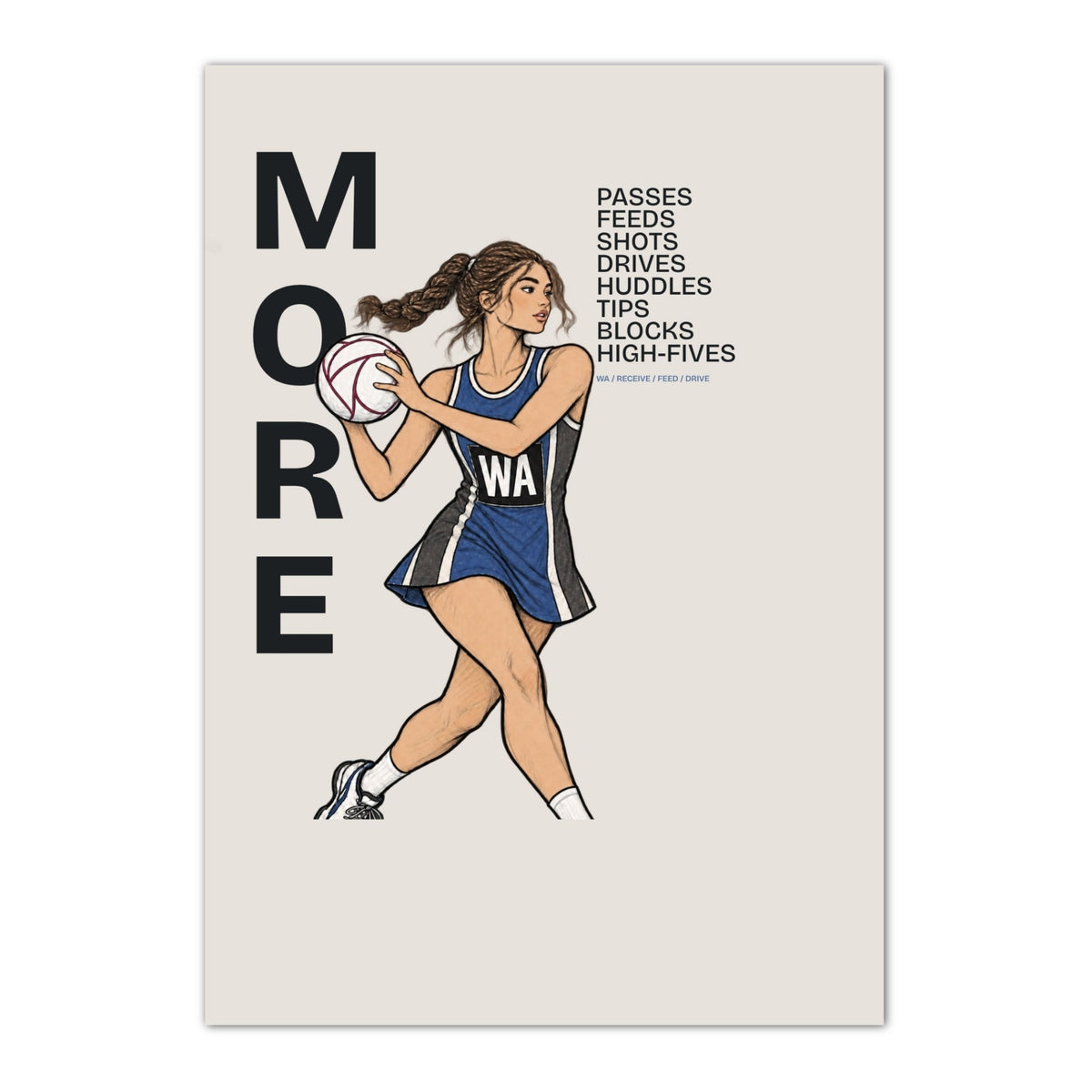 Netball Player Wall Art Print - More Passes Typography