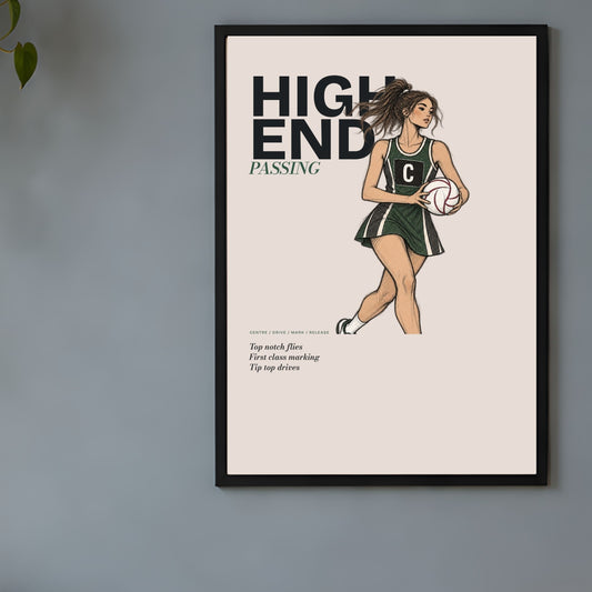 Netball Fashion Wall Art Print with Midcourt Player Illustration