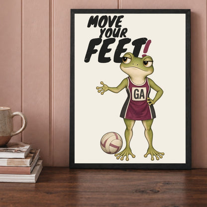 Framed MOVE YOUR FEET netball print close-up with deadpan frog