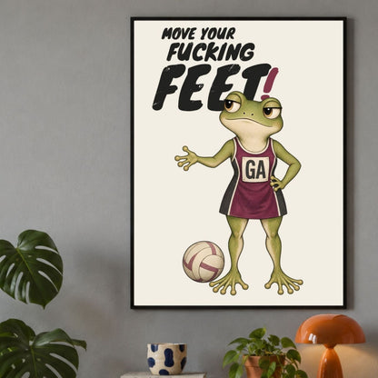 Close-up framed netball wall art with MOVE YOUR FUCKING FEET wording