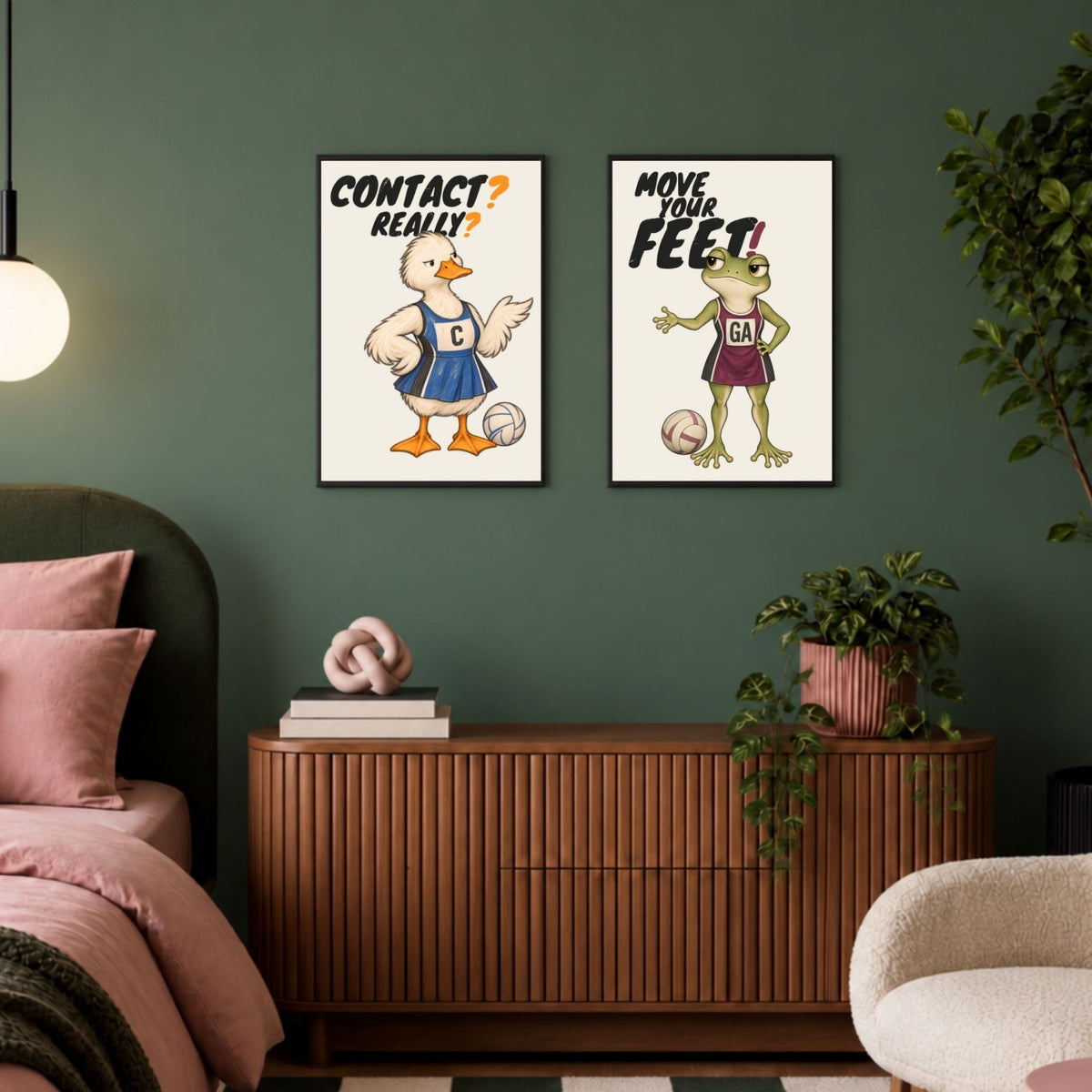 MOVE YOUR FEET frog netball poster displayed in a lifestyle interior