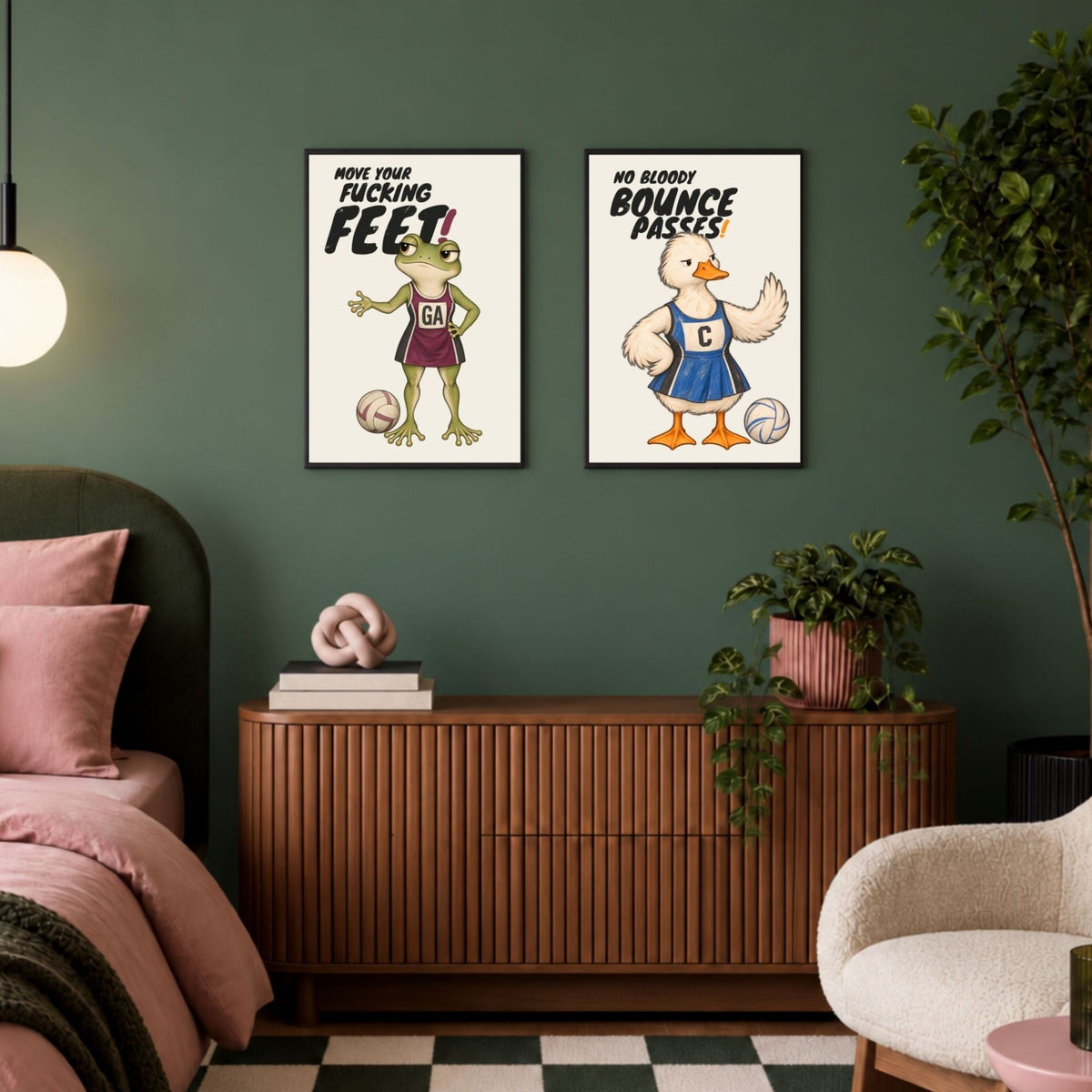 Funny frog netball print with MOVE YOUR FUCKING FEET displayed in a room