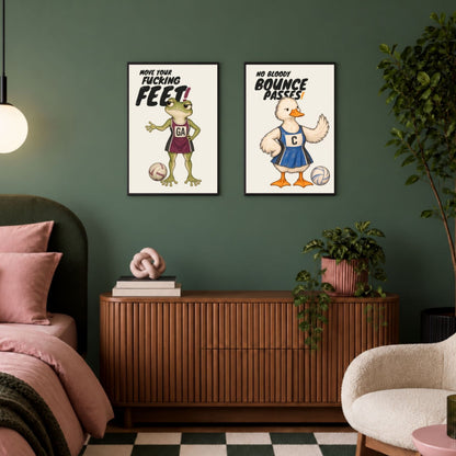 Funny frog netball print with MOVE YOUR FUCKING FEET displayed in a room
