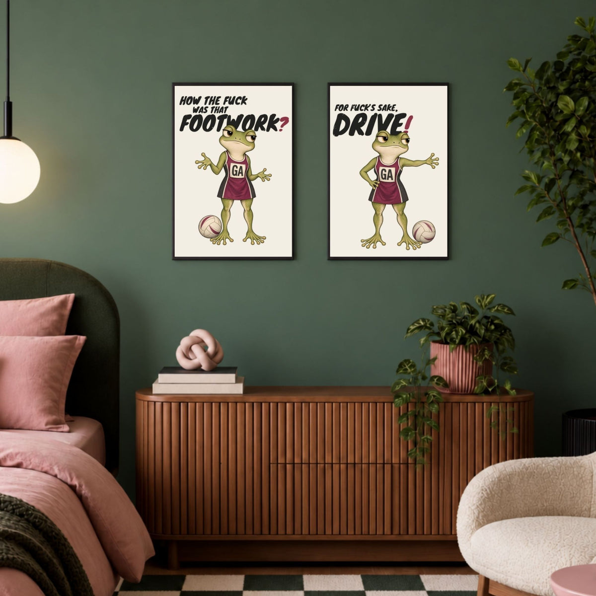 Funny frog netball print with HOW THE FUCK WAS THAT FOOTWORK? in a lifestyle interior