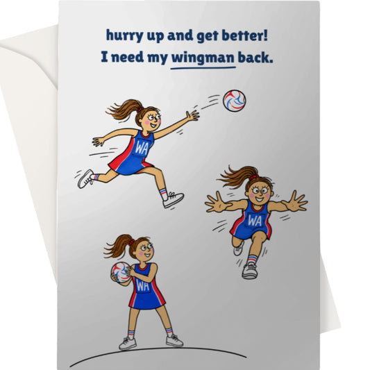 Funny Netball Cartoon Get Well Card - Injured Teammate