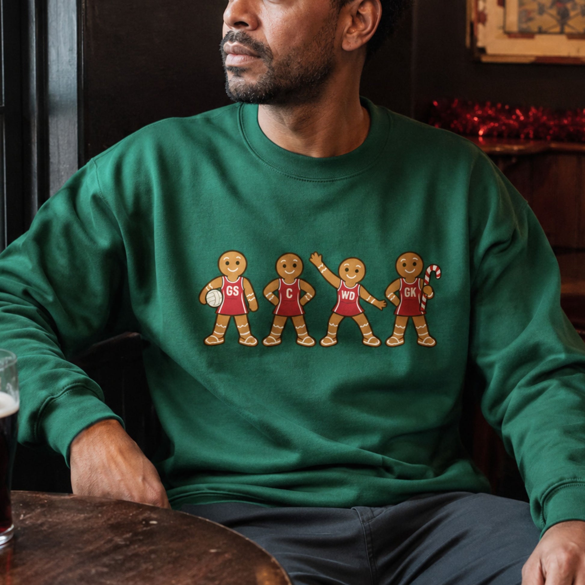 Green Netball Gingerbread Men Christmas Jumper for Men