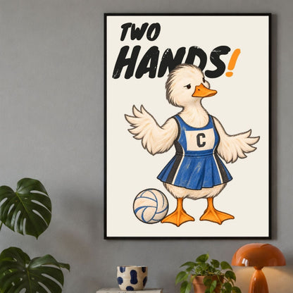 Framed Two Hands netball wall art print close-up with deadpan duck