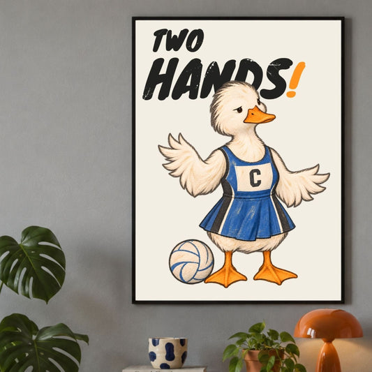 Framed Two Hands netball wall art print close-up with deadpan duck