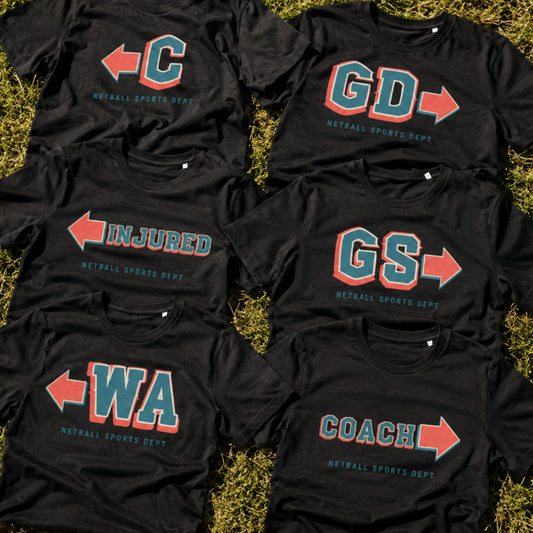 Group T-Shirts for Netball Players with Playing Positions and Arrow Graphic