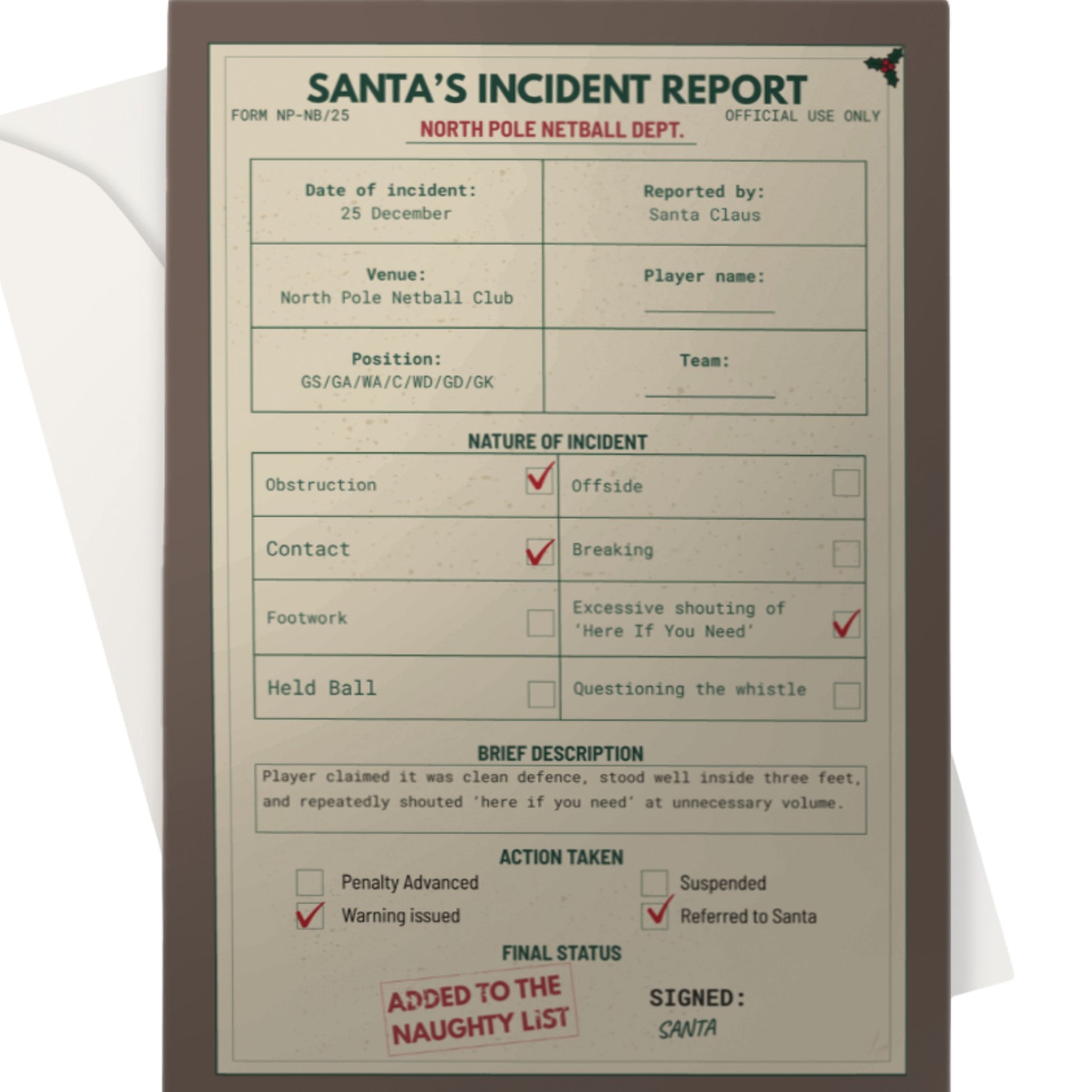 Funny Netball Christmas Card - Santa's Incident Report