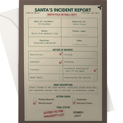 Funny Netball Christmas Card - Santa's Incident Report