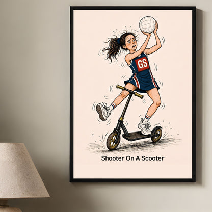 Funny Netball Wall Art Print - Shooter on a Scooter