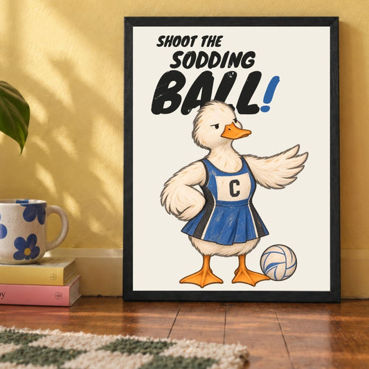 Framed netball wall art close-up with SHOOT THE SODDING BALL wording