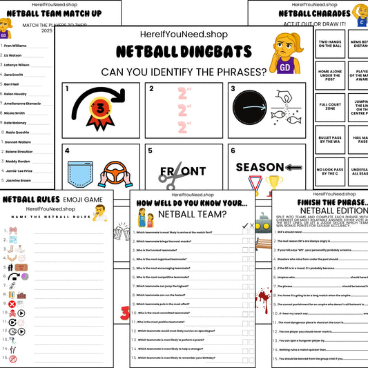 Netball Party Social Games - Printable