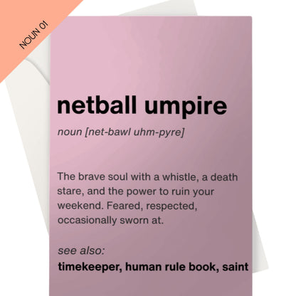 Pink Netball Umpire Thank You Card - Noun Definition 