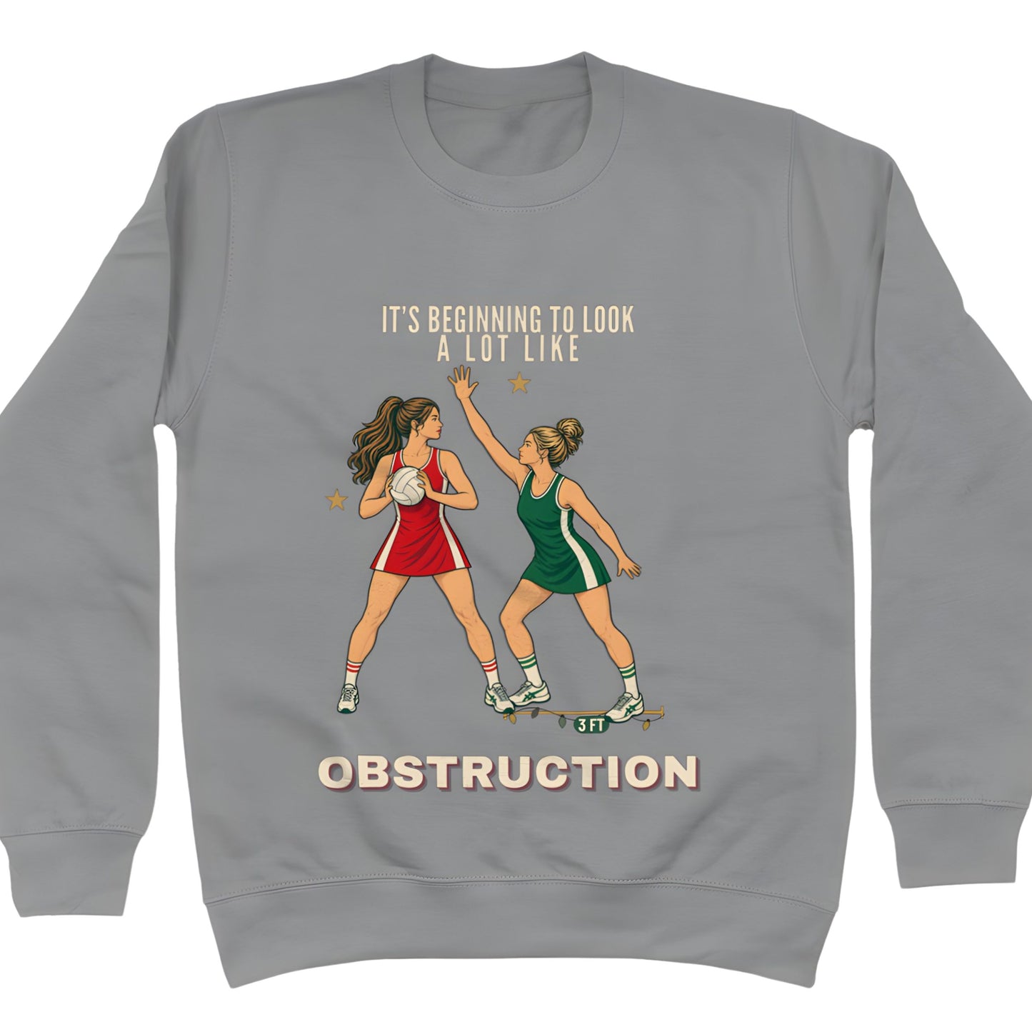 Grey Netball Christmas Jumper with Funny Retro Obstruction Graphic