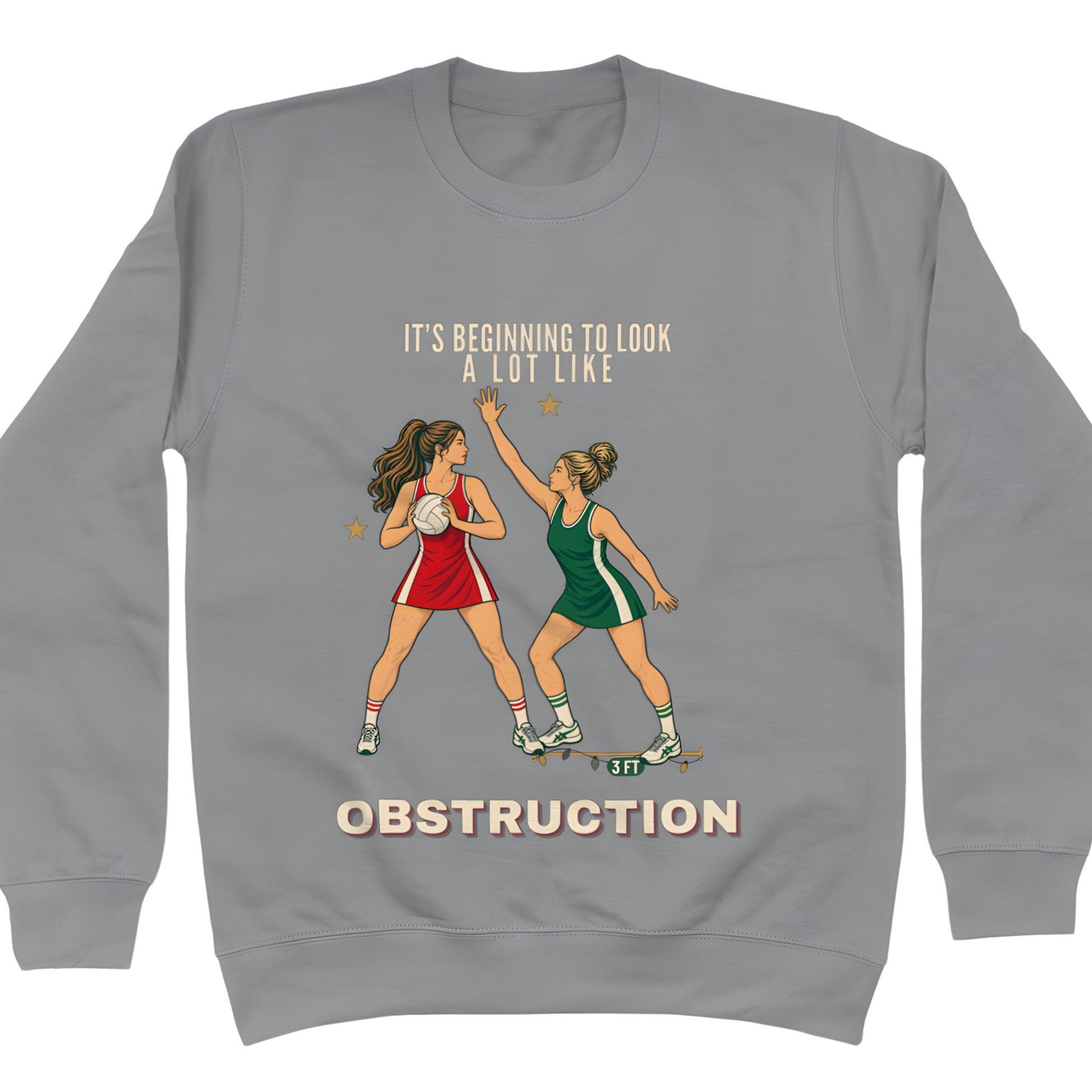 Grey Netball Christmas Jumper with Funny Retro Obstruction Graphic