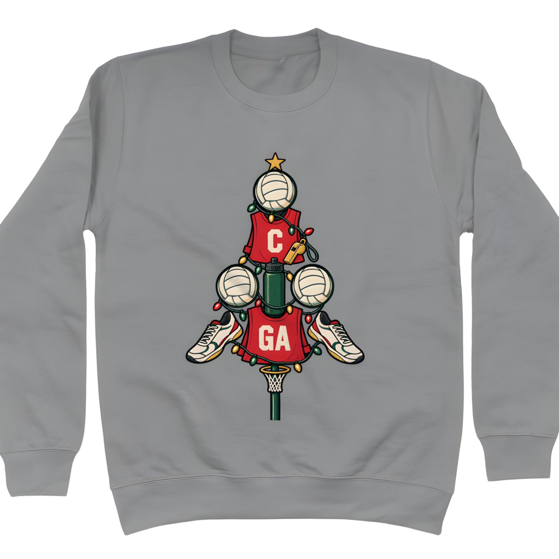 Grey Netball Christmas Tree Jumper for Adults