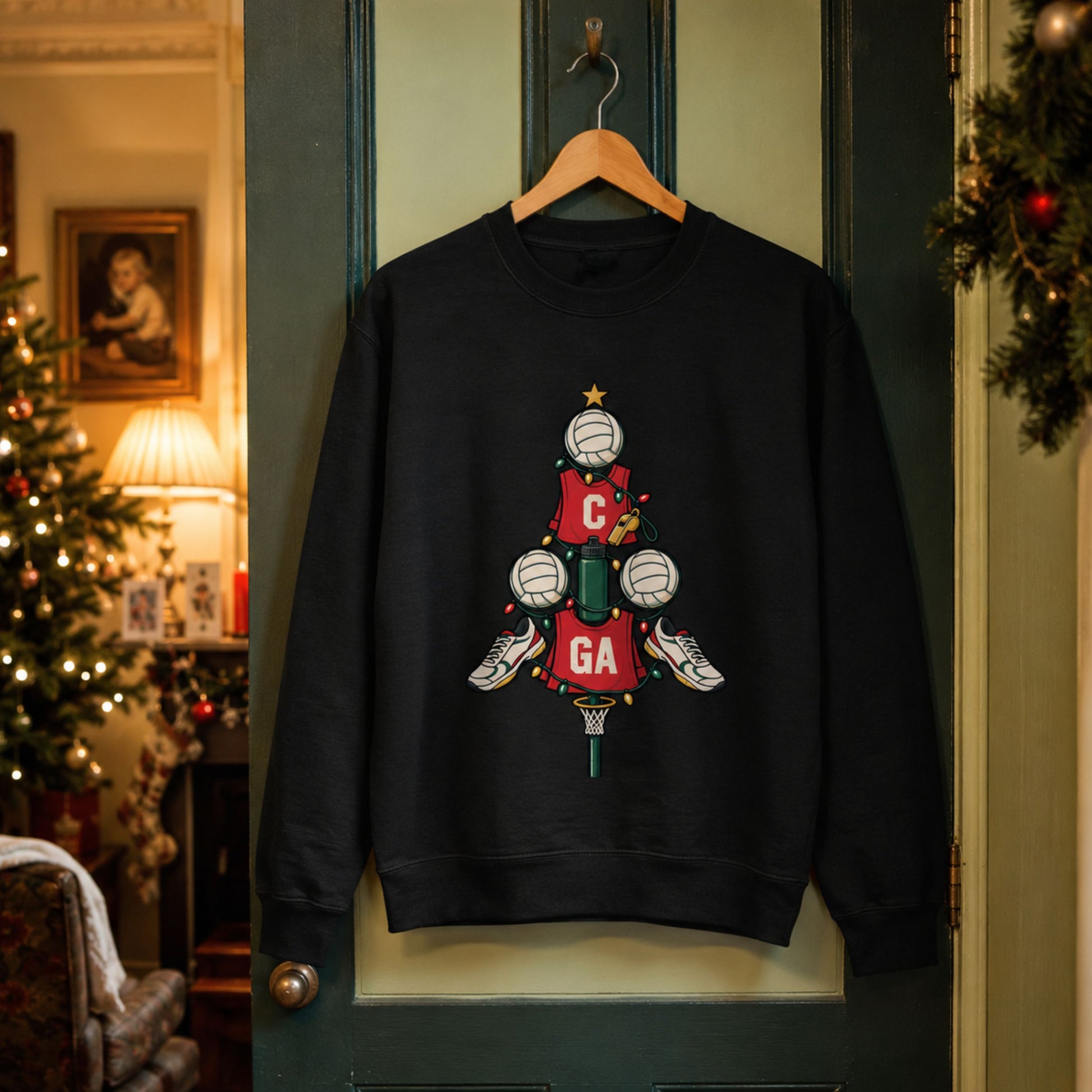 Netball Christmas Jumper with Tree and Kit Graphic
