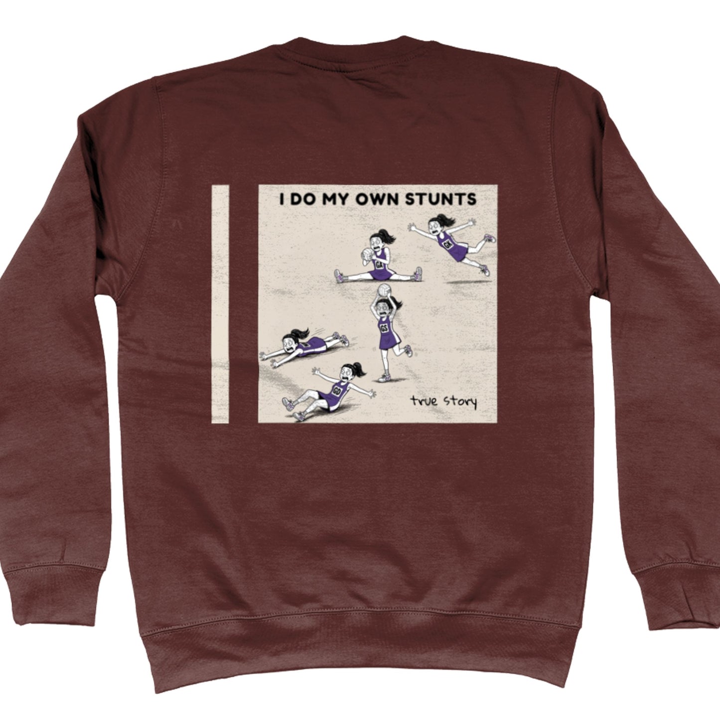 Brown Netball Jumper - Funny Netball Player Stunts Comic Strip Back Print
