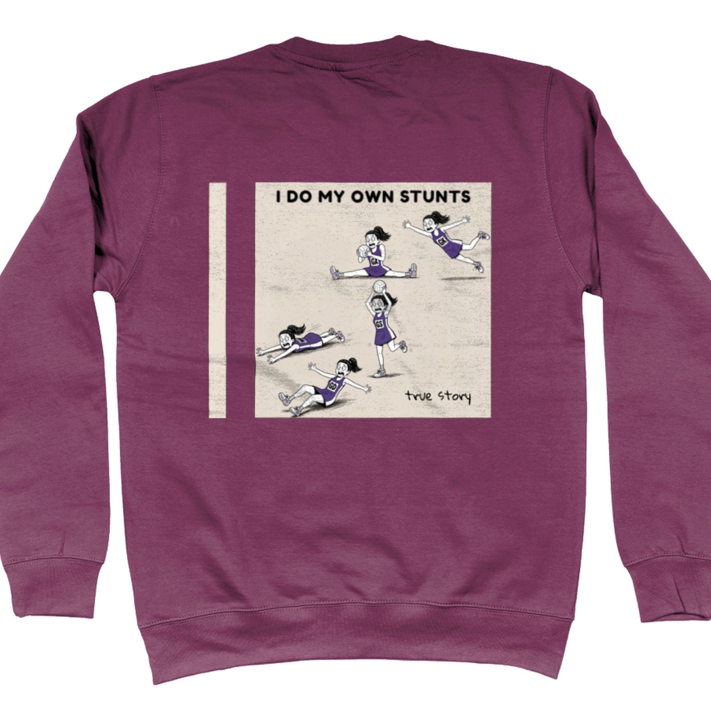 Purple Netball Jumper - Funny Netball Player Stunts Comic Strip Back Print