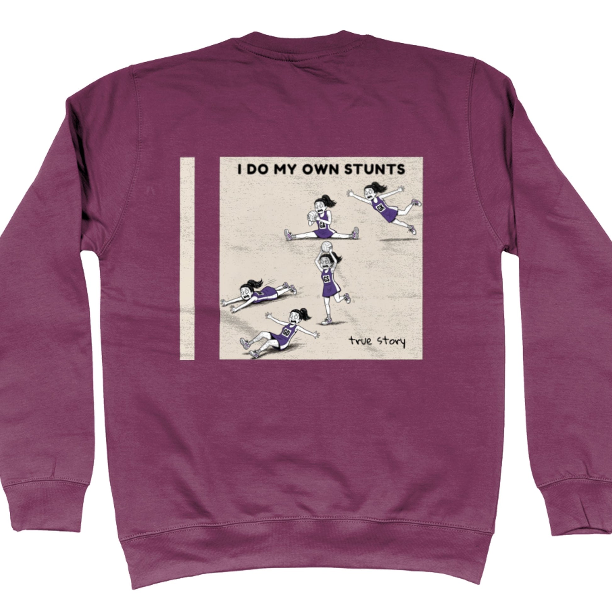 Purple Netball Jumper - Funny Netball Player Stunts Comic Strip Back Print