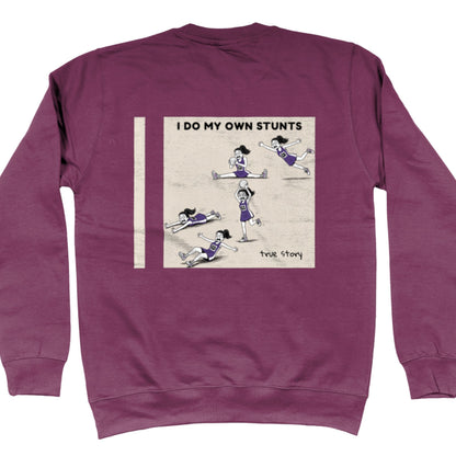 Purple Netball Jumper - Funny Netball Player Stunts Comic Strip Back Print