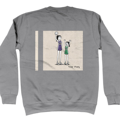 Light Grey Netball Sweatshirt with Tall GS vs Short GK Comic Back Print