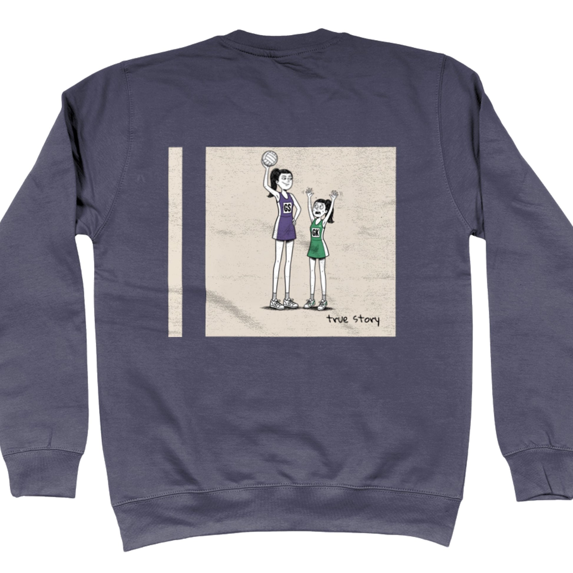 Blue Grey Netball Sweatshirt with Tall GS vs Short GK Comic Back Print