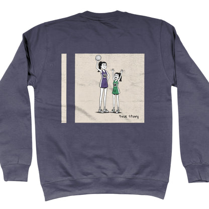Blue Grey Netball Sweatshirt with Tall GS vs Short GK Comic Back Print