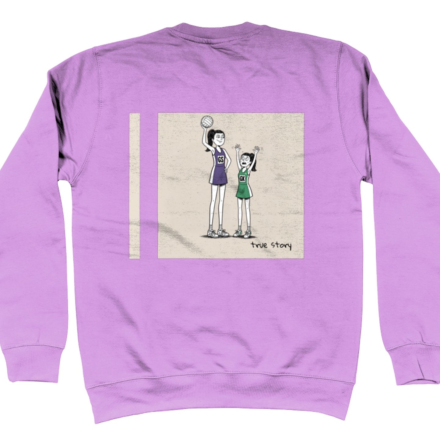Light Purple Netball Sweatshirt with Tall GS vs Short GK Comic Back Print