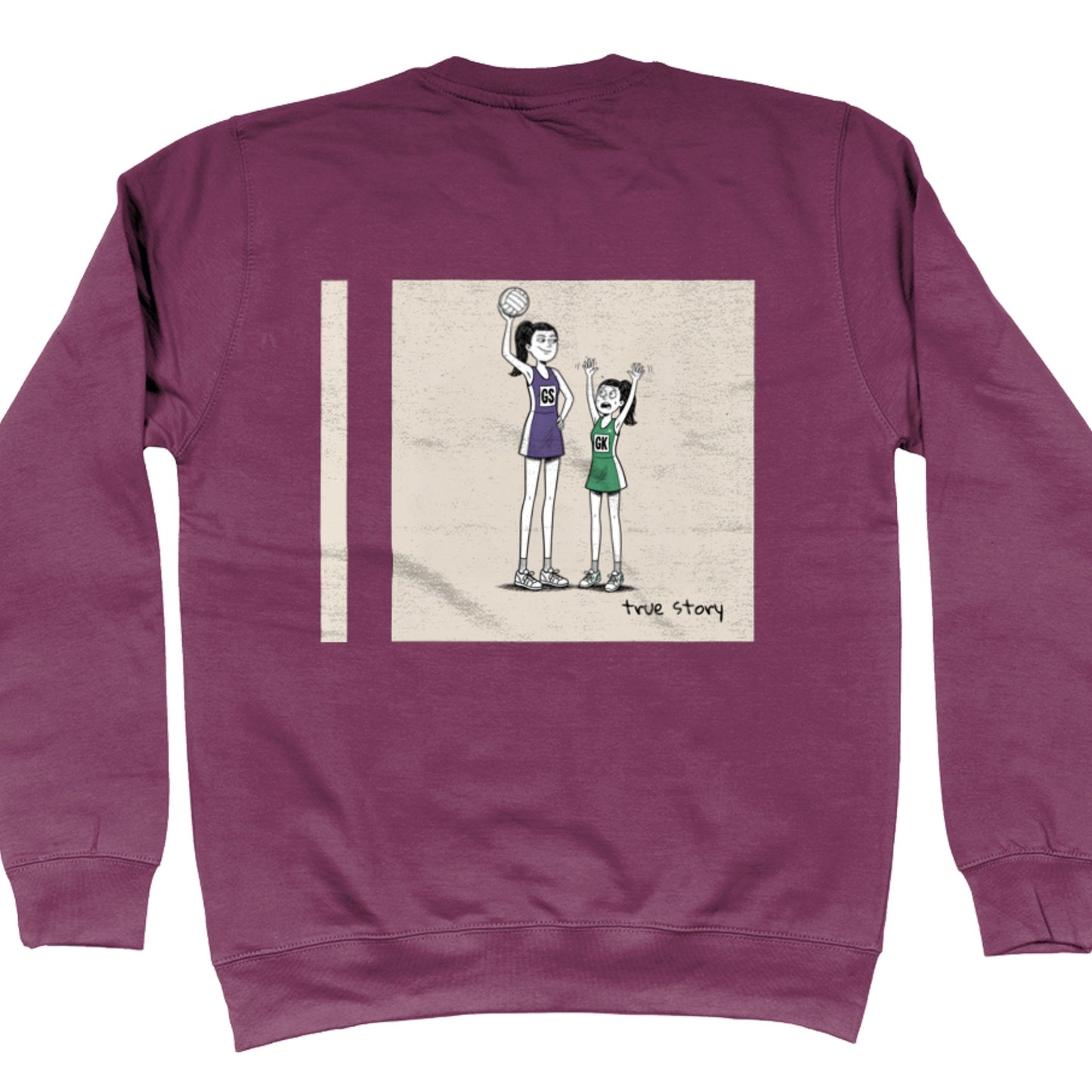 Plum Purple Netball Jumper with Tall GS vs Short GK Comic Back Print