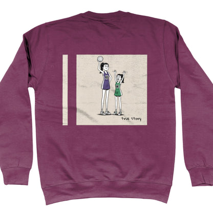 Plum Purple Netball Jumper with Tall GS vs Short GK Comic Back Print