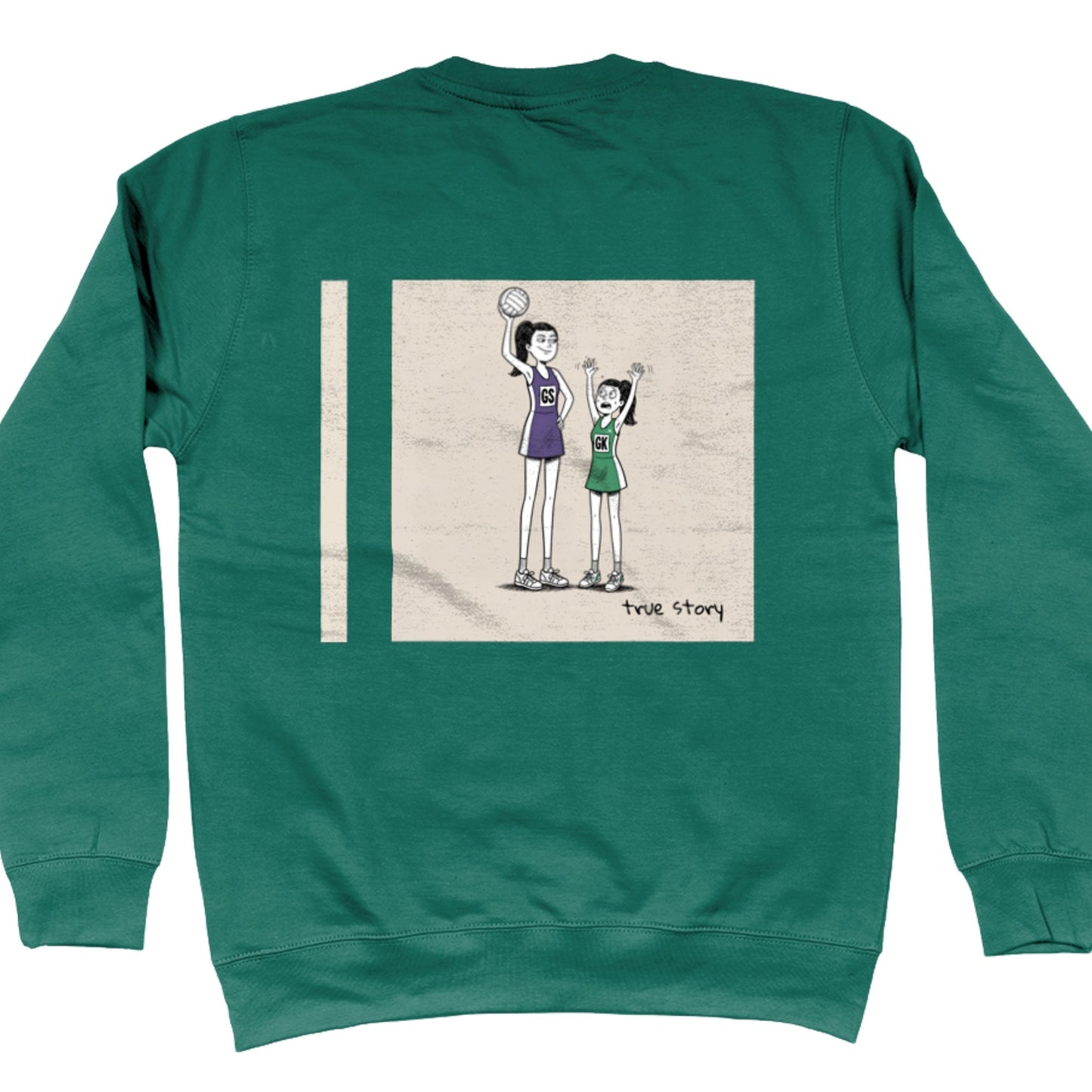 Green Netball Jumper with Tall GS vs Short GK Comic Back Print