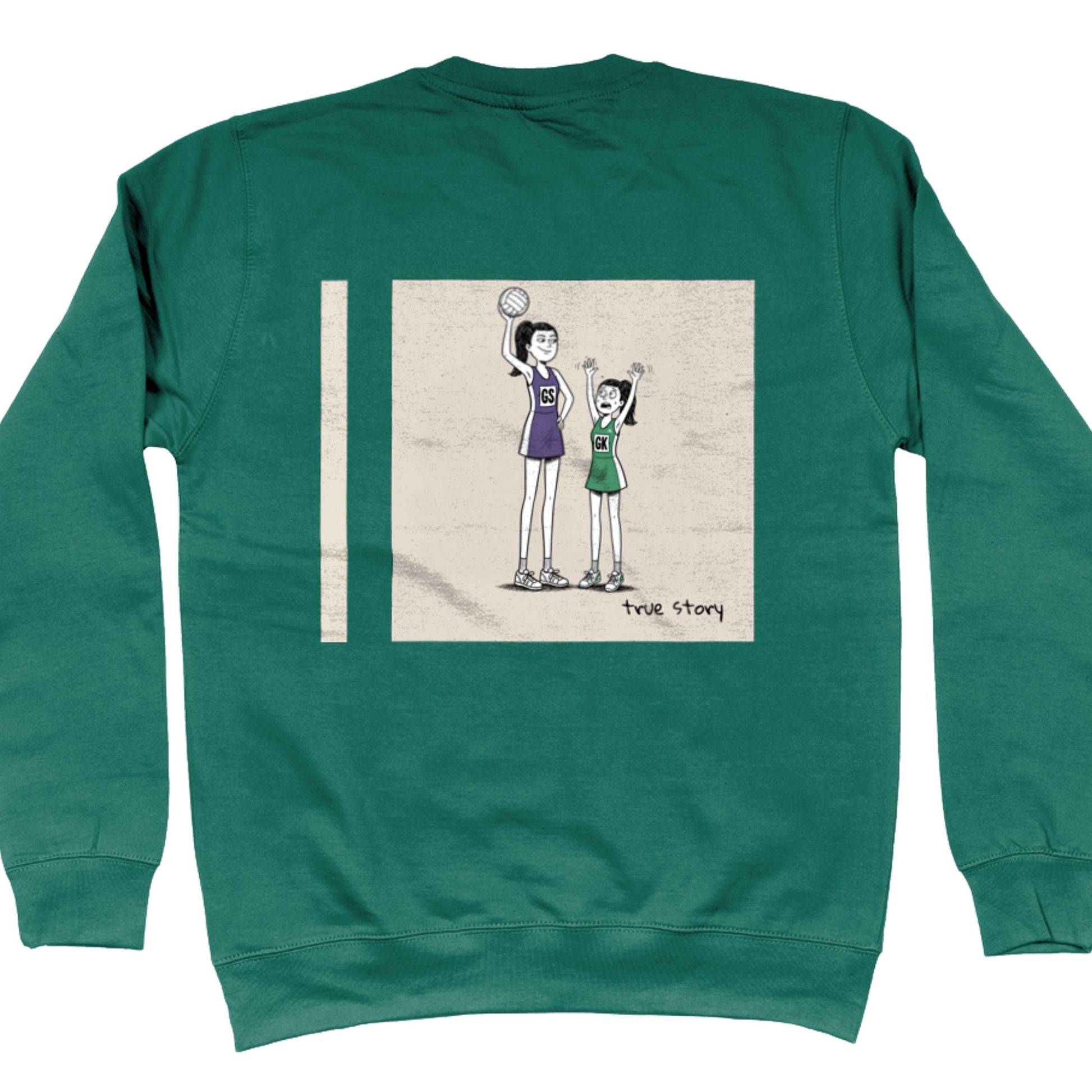 Green Netball Jumper with Tall GS vs Short GK Comic Back Print