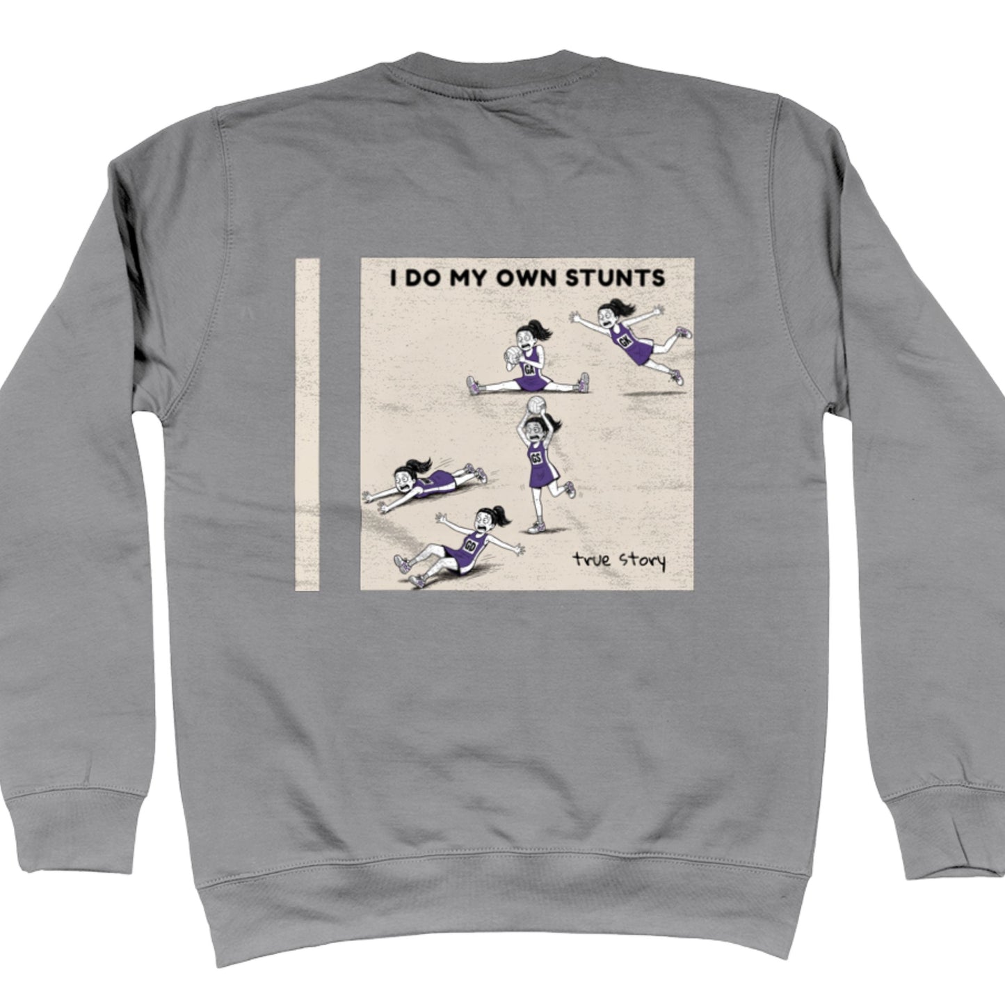 Light Grey Netball Sweatshirt - Funny Netball Player Stunts Comic Strip Back Print