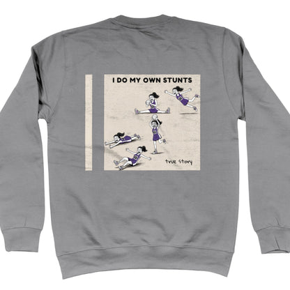 Light Grey Netball Sweatshirt - Funny Netball Player Stunts Comic Strip Back Print