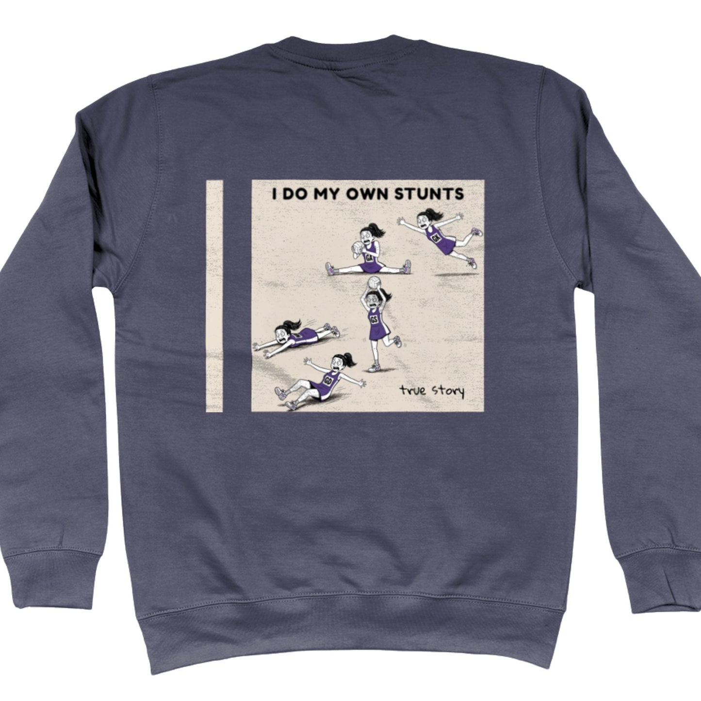 Dark Grey Netball Sweatshirt - Funny Netball Player Stunts Comic Strip Back Print