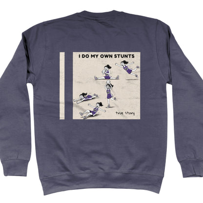 Dark Grey Netball Sweatshirt - Funny Netball Player Stunts Comic Strip Back Print