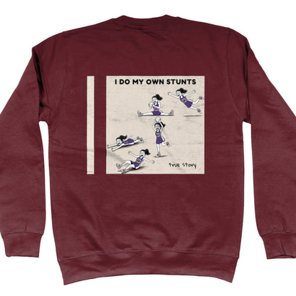 Burgundy Red Netball Sweatshirt - Funny Netball Player Stunts Comic Strip Back Print