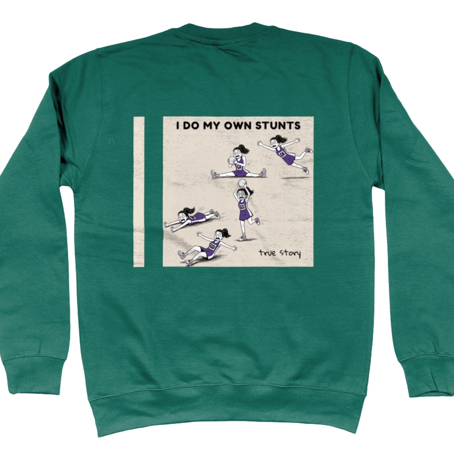 Green Netball Jumper - Funny Netball Player Stunts Comic Strip Back Print